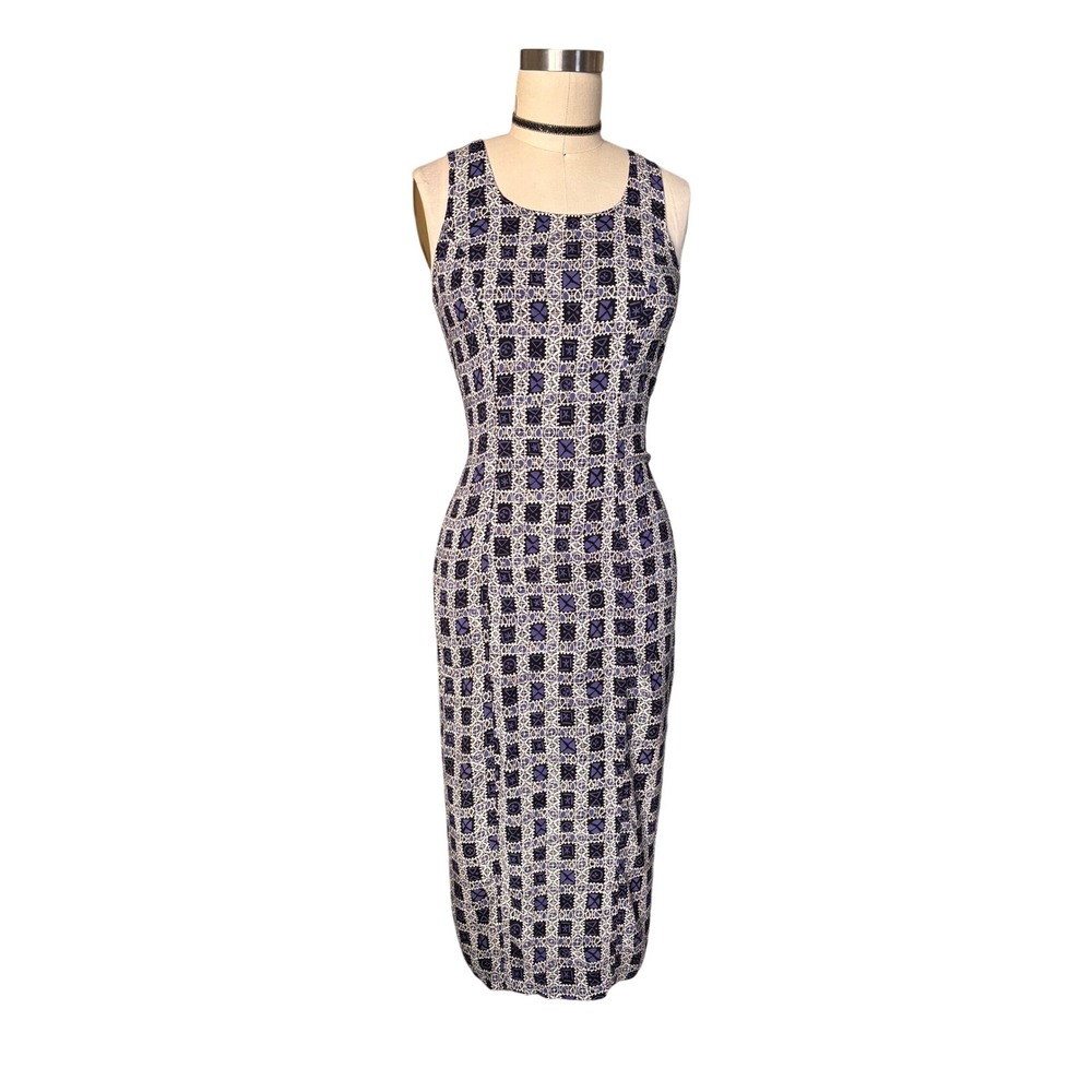 Vintage Byer Too! California Geometric Print Lace Up Back Maxi Dress M Purple